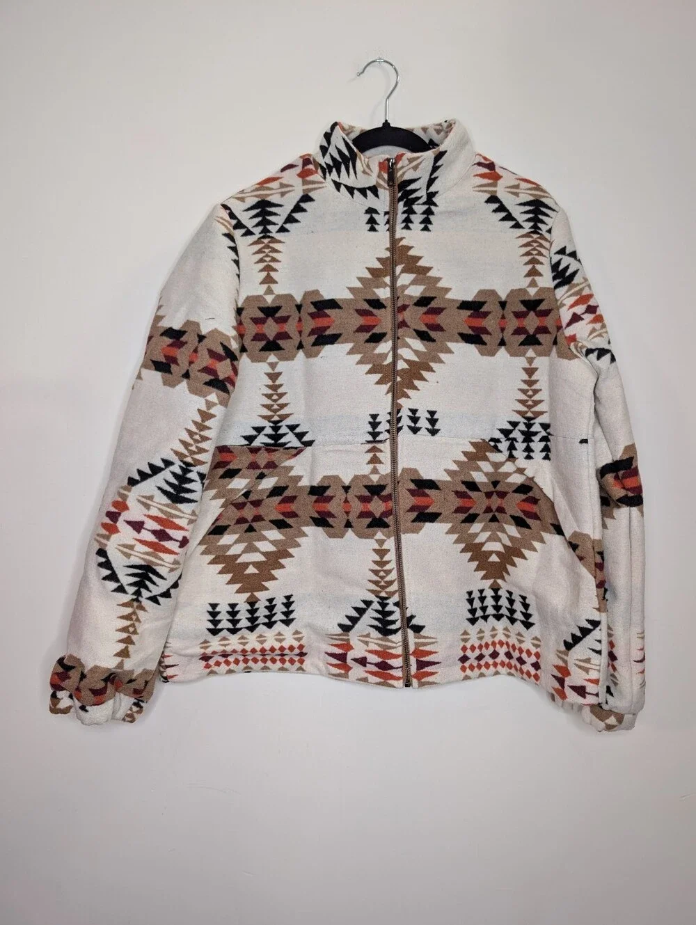 Southwestern Aztec Print Full Zip Fleece Jacket Cream Western Boho S M XL